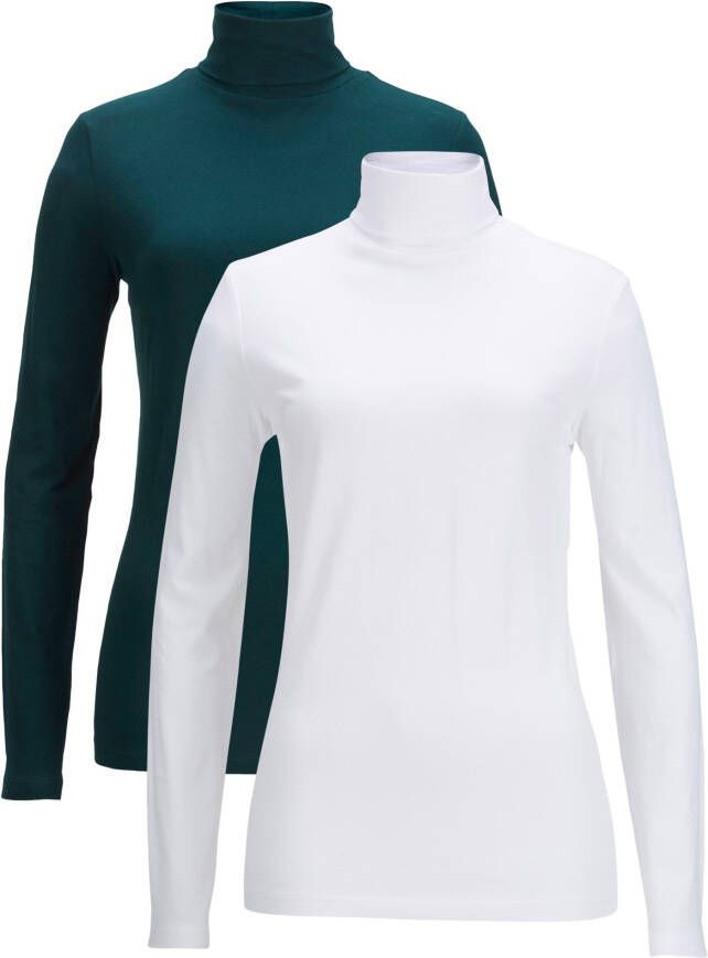 bpc bonprix collection Longsleeve met col (set van 2), diepgroen+wit