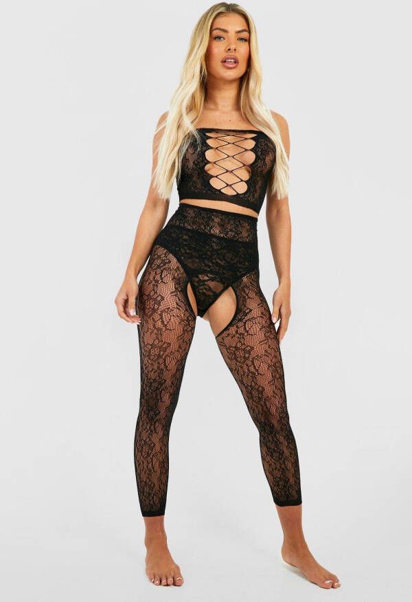 boohoo 2 Delige Kanten Valentijns Bodystocking Set, Black