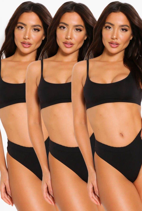 boohoo Naadloze Bralettes Met Lage Ronde Hals(3 Stuks ), Zwart