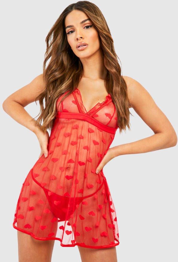 boohoo Geborduurde Mesh Valentijns Hartjes Babydoll, Red