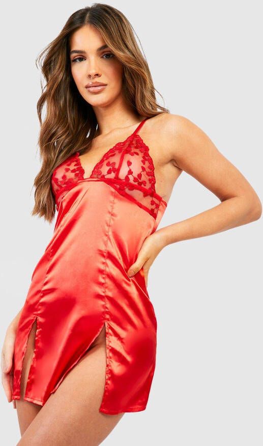 boohoo Geborduurde Satijnen Valentijns Hartjes Babydoll, Red