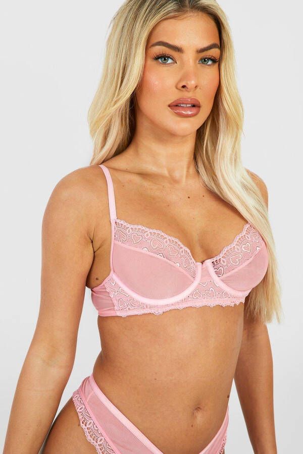 boohoo Geborduurde Valentijns Hartjes Bh Met Beugel, Pink