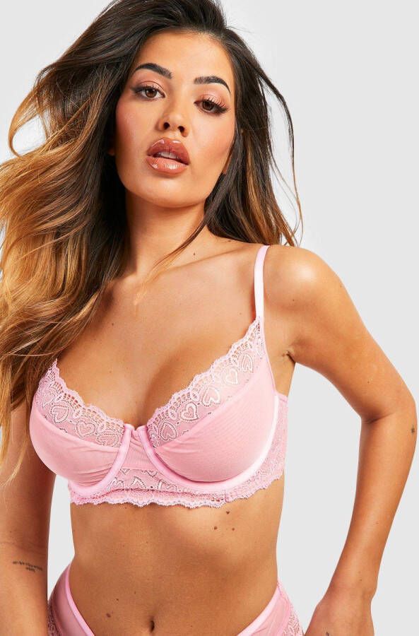 boohoo Geborduurde Valentijns Hartjes Bh Met Volle Cups En Beugel, Pink