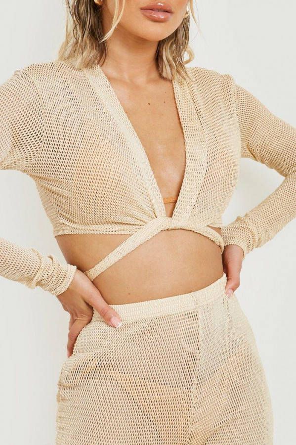 boohoo Glanzende Korte Fishnet Strand Blouse Met Ceintuur, Gold