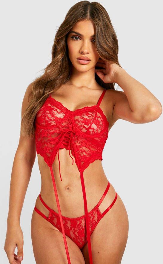 boohoo Kanten Korset En String Set, Red
