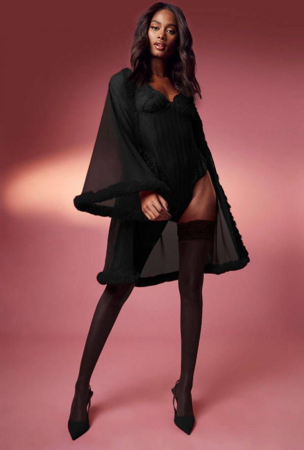 boohoo Kleine Mesh Valentijns Badjas Met Pluizige Zoom, Black