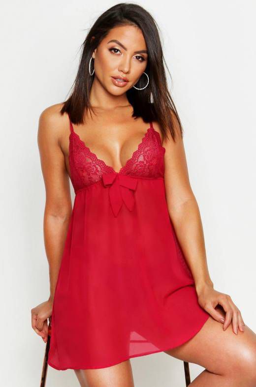 boohoo Kanten Babydoll Met Strik, Wijn