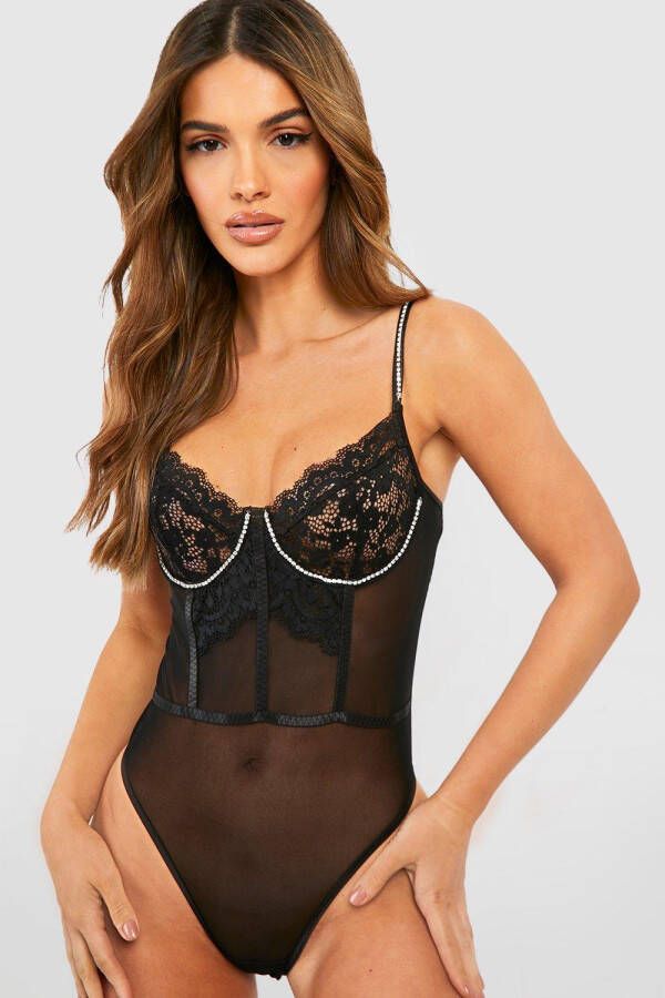 boohoo Mesh Valentijns One Piece Met Steentjes, Black