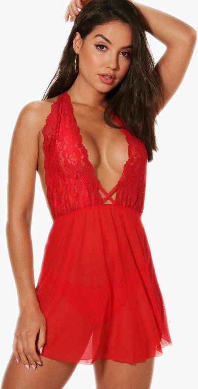 boohoo Kanten & Mesh Rosie Babydoll, Red