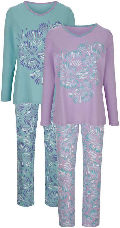 harmony Pyjama's per 2 stuks met contrastpaspel aan de hals Lila/Jadegroen/Paars