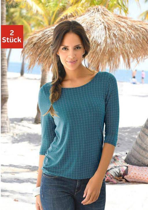 Lascana Shirt met 3/4 mouwen met modieuze cut out in de nek(Set van 2 )