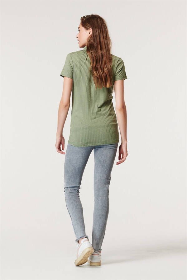 Supermom ribgebreid zwangerschapsshirt met ruches groen