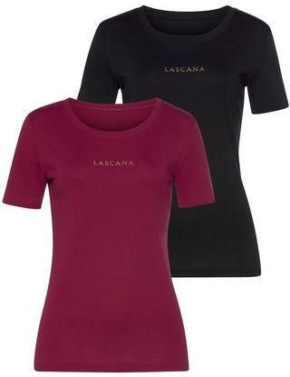 Lascana T shirt met goudkleurige logoprint(Set van 2 )
