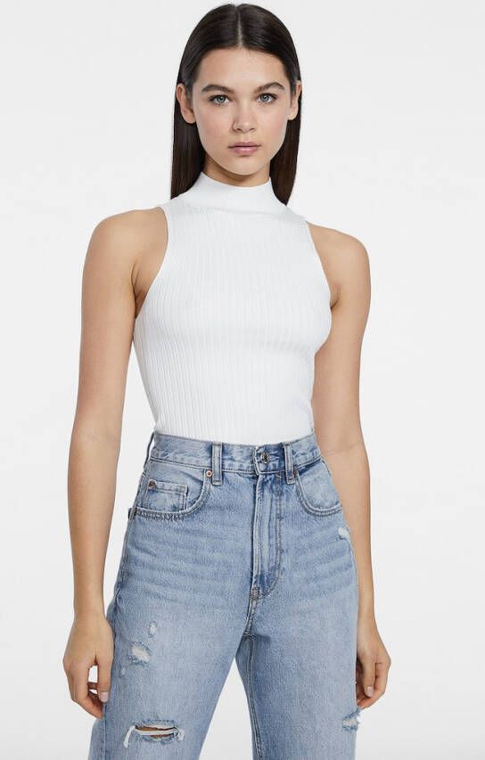 Stradivarius Ribcord Haltertop Ecru