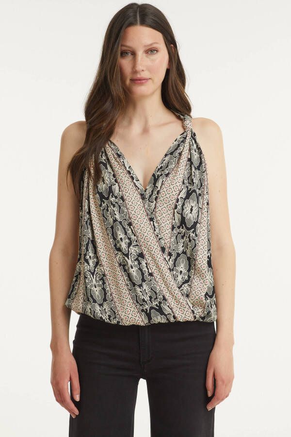 Summum Woman haltertop met all over print zwart/bruin/ecru